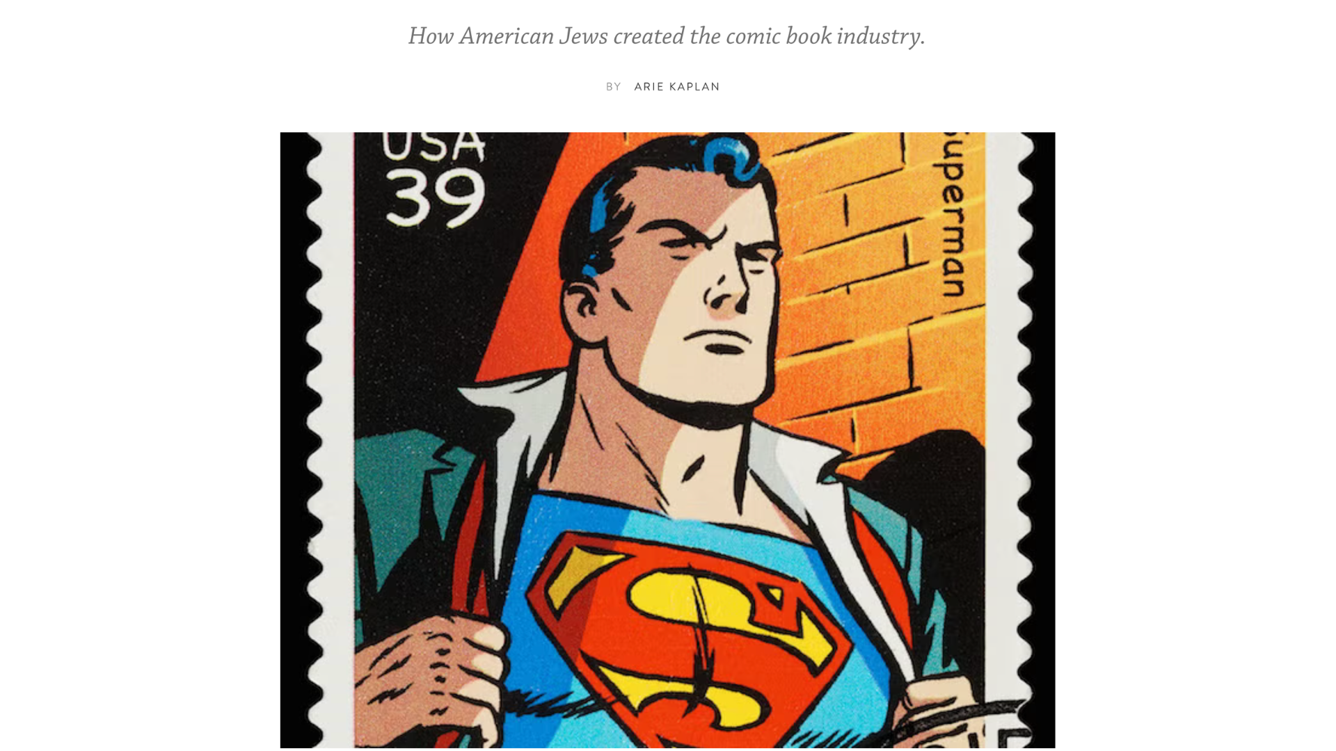 wnn-20260222 U.S. “USA 39” postage stamp showing Superman opening his shirt to reveal the “S” emblem.