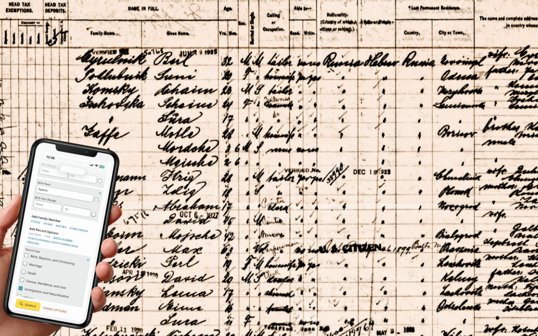 Hand holding a smartphone with a surname-search form in front of a historic passenger manifest.