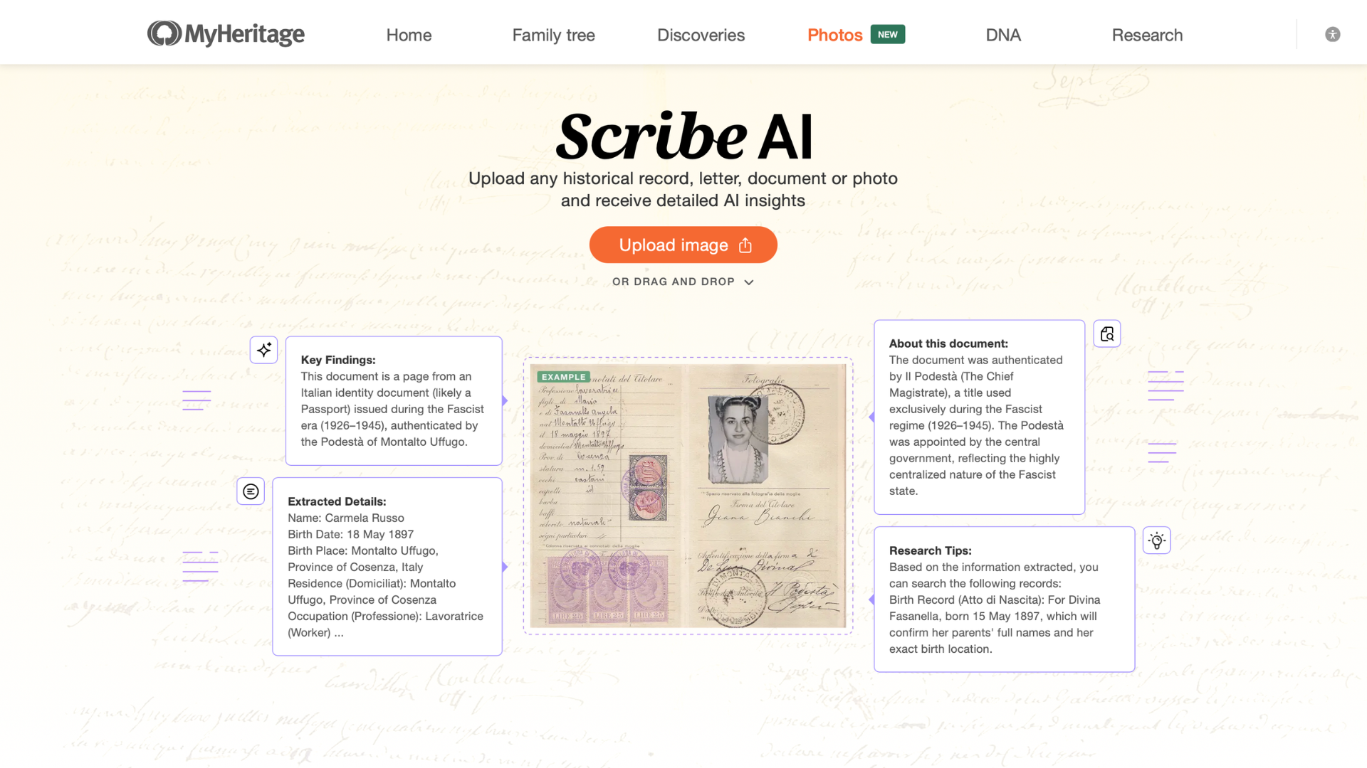MyHeritage Scribe AI webpage showing a historical document upload and AI-generated findings, extracted details, and research tips