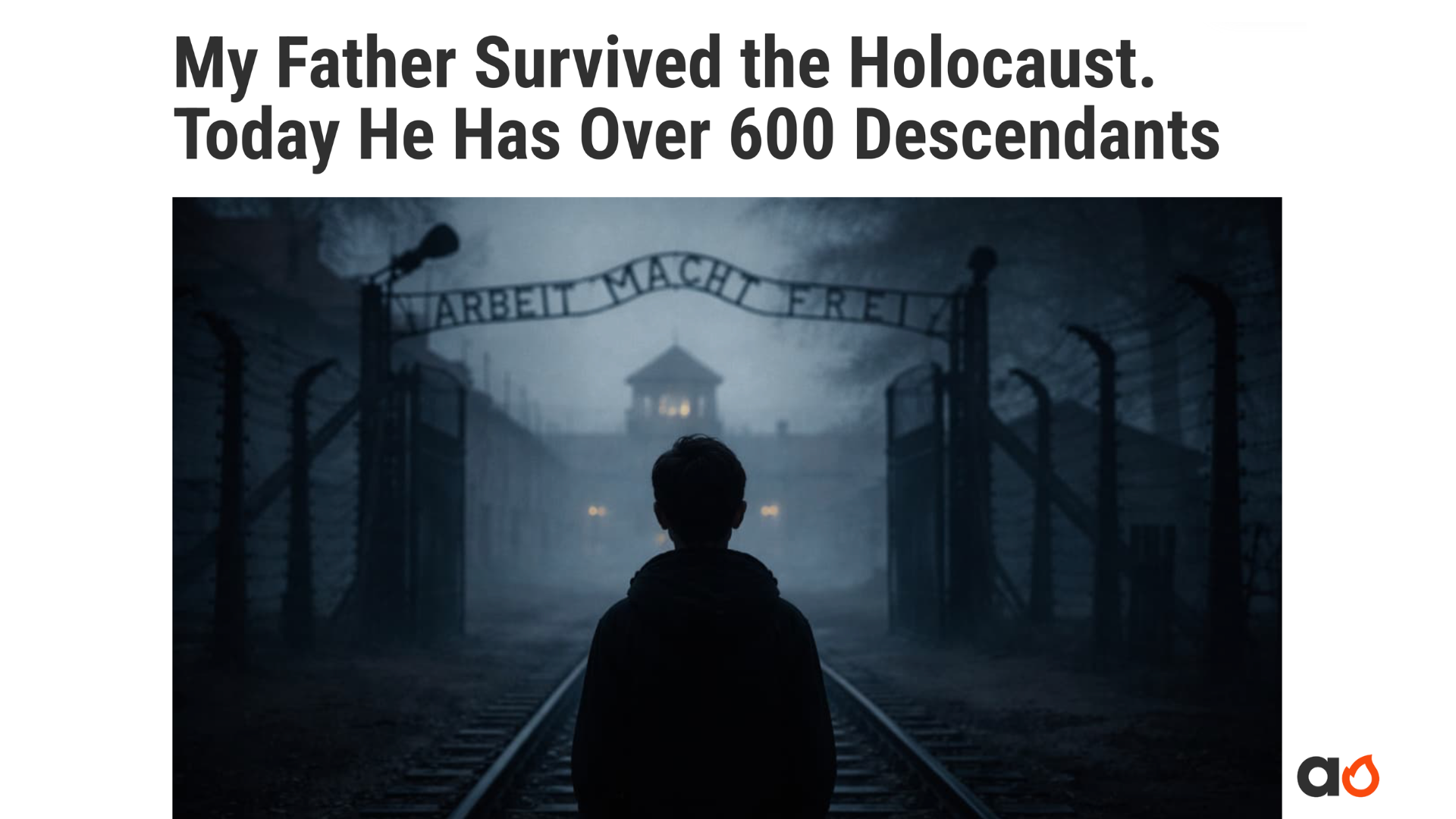 A silhouetted person stands on railway tracks facing a dark Auschwitz gate.