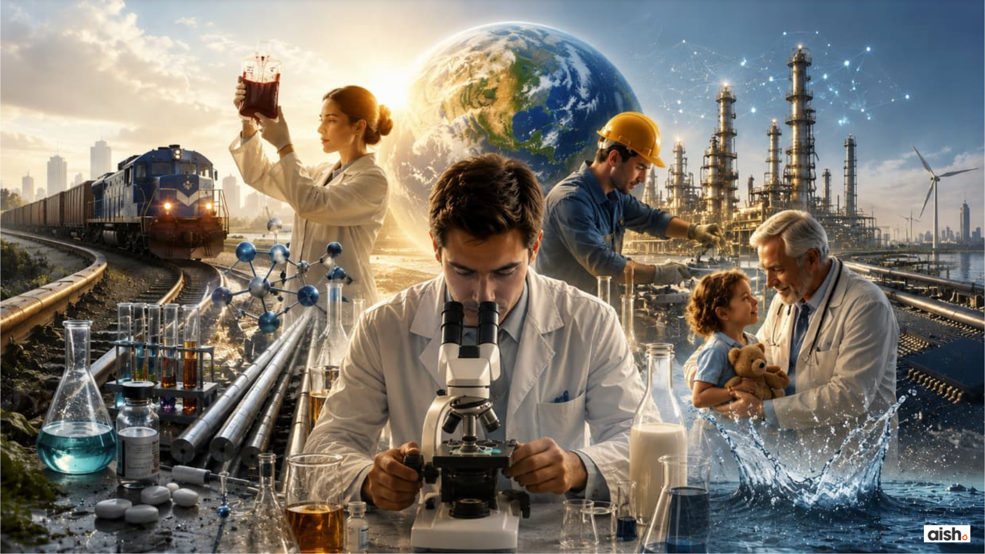 Collage showing scientists, laboratory equipment, a microscope, a train, industrial facilities, a doctor with a child, and a globe.