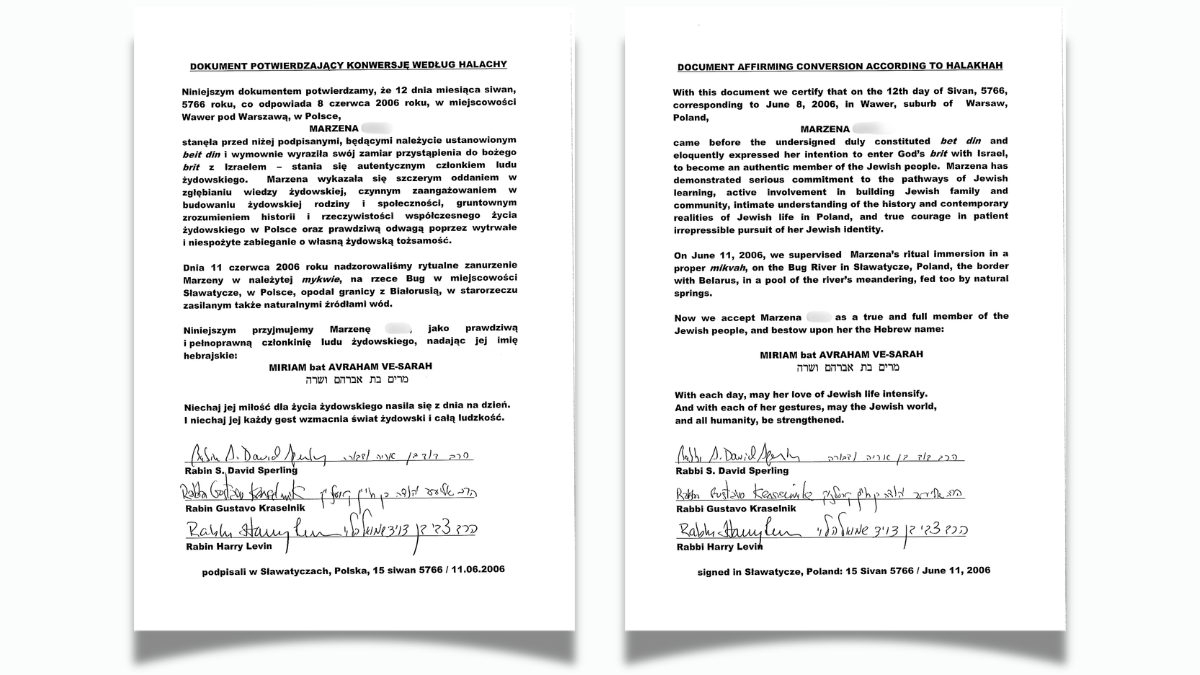 Side-by-side Polish and English conversion certificates from Sławatycze, Poland, with surname redacted for privacy.